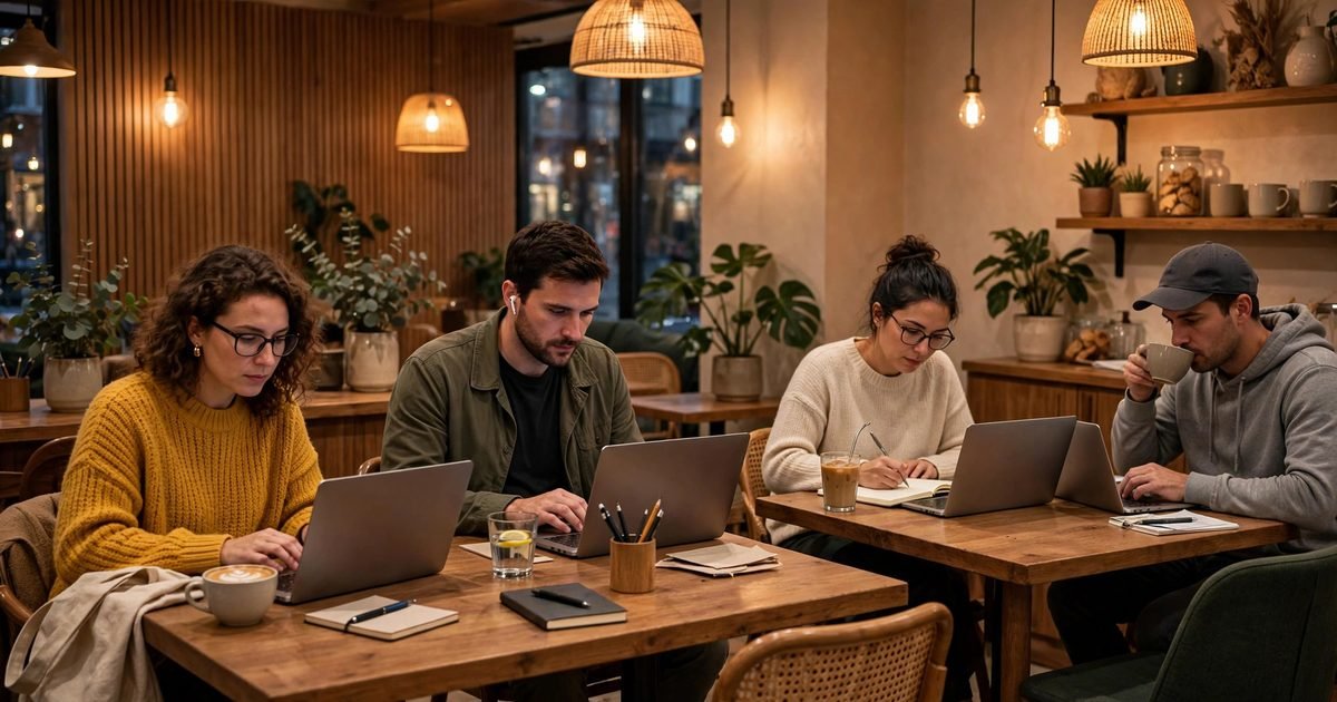 Cozy café interior with coffee cups on a wooden table
