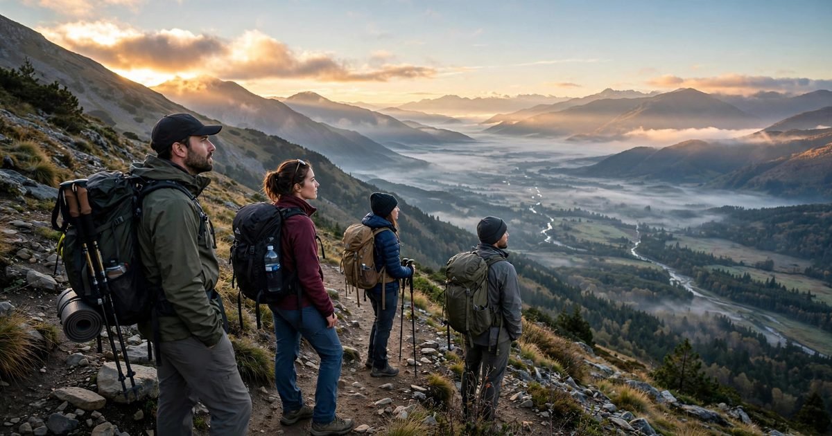 Hiker on a mountain trail overlooking a valley