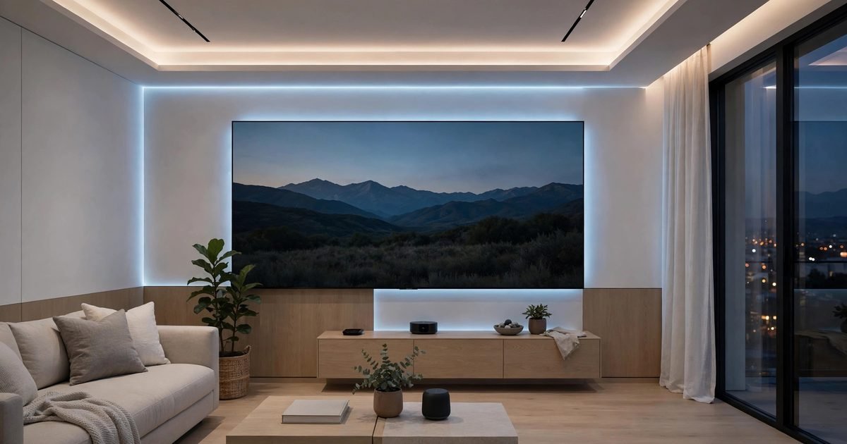 Modern smart home living room with ambient lighting