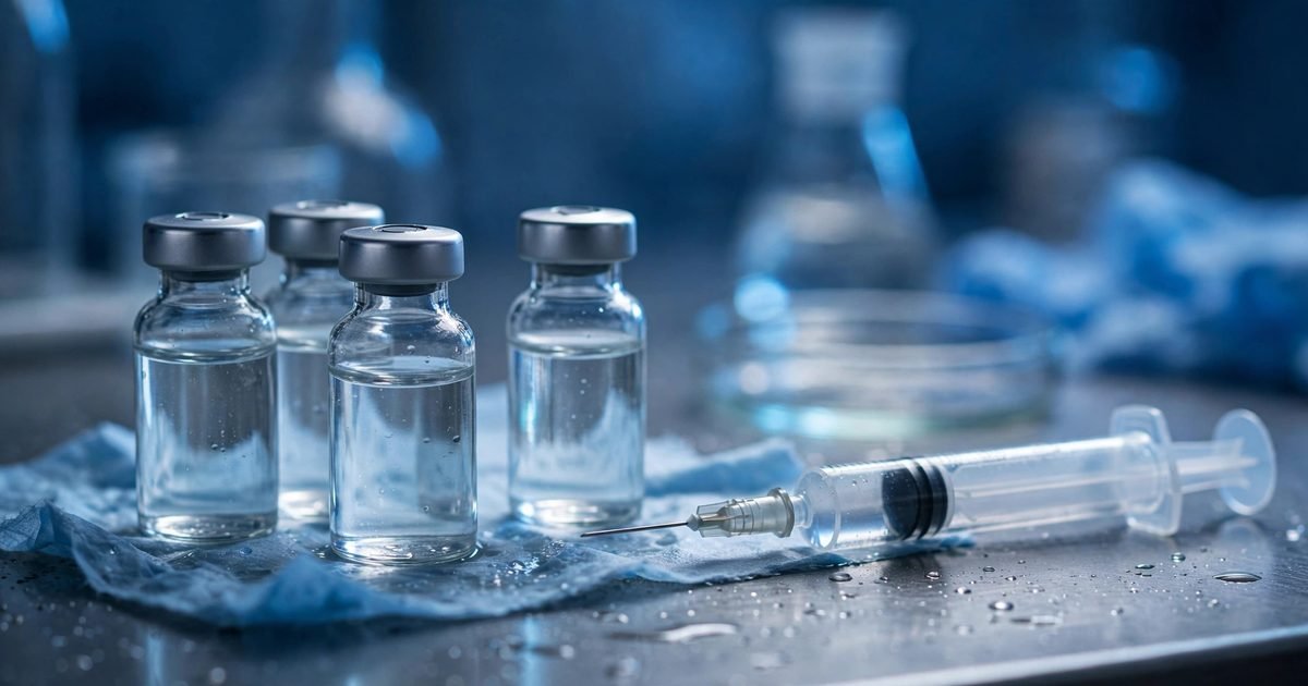 Close-up of a vaccine vial and syringe in a clinical setting